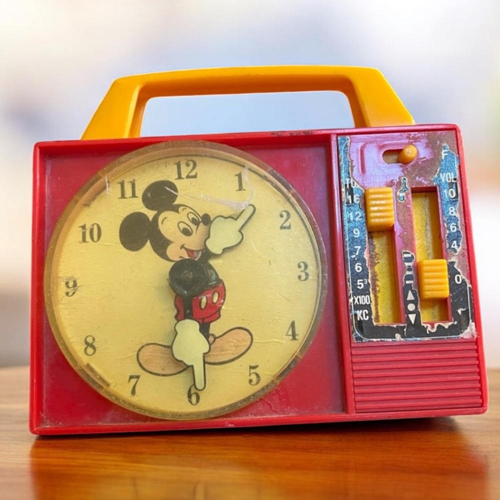 Vintage Disney Mickey Mouse Clock Radio Red Yellow 1970s Retro Kids Toy